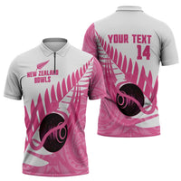 New Zealand Lawn Bowls Breast Cancer Custom Zipper Polo Shirt Aotearoa Maori Silver Fern Pink Ribbon LT14 - Polynesian Pride