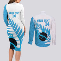 New Zealand Lawn Bowls Prostate Cancer Custom Couples Matching Long Sleeve Bodycon Dress and Long Sleeve Button Shirt Aotearoa Maori Silver Fern Blue Ribbon - Polynesian Pride