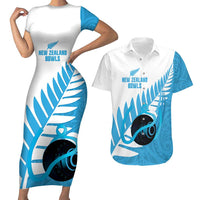 New Zealand Lawn Bowls Prostate Cancer Custom Couples Matching Short Sleeve Bodycon Dress and Hawaiian Shirt Aotearoa Maori Silver Fern Blue Ribbon LT14 Blue - Polynesian Pride
