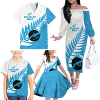 New Zealand Lawn Bowls Prostate Cancer Custom Family Matching Off The Shoulder Long Sleeve Dress and Hawaiian Shirt Aotearoa Maori Silver Fern Blue Ribbon LT14 - Polynesian Pride