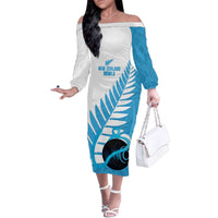 New Zealand Lawn Bowls Prostate Cancer Custom Family Matching Off The Shoulder Long Sleeve Dress and Hawaiian Shirt Aotearoa Maori Silver Fern Blue Ribbon LT14 Mom's Dress Blue - Polynesian Pride