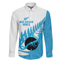 New Zealand Lawn Bowls Prostate Cancer Custom Family Matching Off Shoulder Maxi Dress and Hawaiian Shirt Aotearoa Maori Silver Fern Blue Ribbon LT14 Dad's Shirt - Long Sleeve Blue - Polynesian Pride