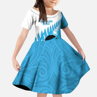 New Zealand Lawn Bowls Prostate Cancer Custom Kid Short Sleeve Dress Aotearoa Maori Silver Fern Blue Ribbon LT14 KID Blue - Polynesian Pride