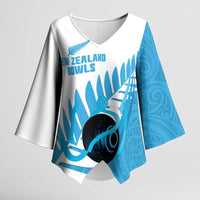 New Zealand Lawn Bowls Prostate Cancer Custom Kimono Sleeve Blouse Aotearoa Maori Silver Fern Blue Ribbon - Polynesian Pride