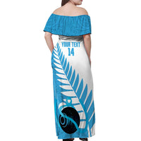 New Zealand Lawn Bowls Prostate Cancer Custom Off Shoulder Maxi Dress Aotearoa Maori Silver Fern Blue Ribbon - Polynesian Pride