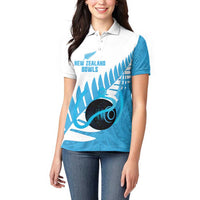 New Zealand Lawn Bowls Prostate Cancer Custom Women Polo Shirt Aotearoa Maori Silver Fern Blue Ribbon - Polynesian Pride