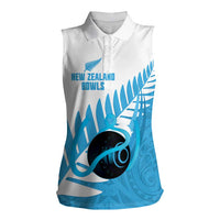 New Zealand Lawn Bowls Prostate Cancer Custom Women Sleeveless Polo Shirt Aotearoa Maori Silver Fern Blue Ribbon - Polynesian Pride
