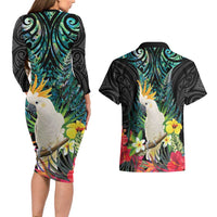 Sulphur-crested Cockatoo New Zealand Couples Matching Long Sleeve Bodycon Dress and Hawaiian Shirt Paua Shell Aotearoa Maori Tropical Flowers LT14 - Polynesian Pride