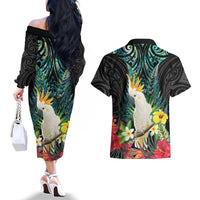 Sulphur-crested Cockatoo New Zealand Couples Matching Off The Shoulder Long Sleeve Dress and Hawaiian Shirt Paua Shell Aotearoa Maori Tropical Flowers LT14 - Polynesian Pride