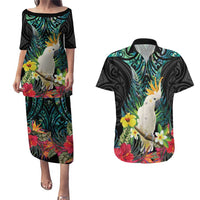 Sulphur-crested Cockatoo New Zealand Couples Matching Puletasi and Hawaiian Shirt Paua Shell Aotearoa Maori Tropical Flowers LT14 Black - Polynesian Pride