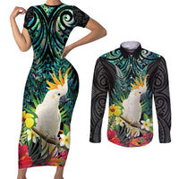 Sulphur-crested Cockatoo New Zealand Couples Matching Short Sleeve Bodycon Dress and Long Sleeve Button Shirt Paua Shell Aotearoa Maori Tropical Flowers - Polynesian Pride