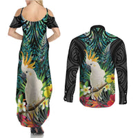 Sulphur-crested Cockatoo New Zealand Couples Matching Summer Maxi Dress and Long Sleeve Button Shirt Paua Shell Aotearoa Maori Tropical Flowers LT14 - Polynesian Pride