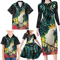 Sulphur-crested Cockatoo New Zealand Family Matching Long Sleeve Bodycon Dress and Hawaiian Shirt Paua Shell Aotearoa Maori Tropical Flowers LT14 - Polynesian Pride