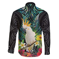 Sulphur-crested Cockatoo New Zealand Family Matching Long Sleeve Bodycon Dress and Hawaiian Shirt Paua Shell Aotearoa Maori Tropical Flowers - Polynesian Pride