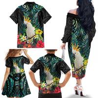 Sulphur-crested Cockatoo New Zealand Family Matching Off The Shoulder Long Sleeve Dress and Hawaiian Shirt Paua Shell Aotearoa Maori Tropical Flowers LT14 - Polynesian Pride