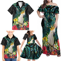 Sulphur-crested Cockatoo New Zealand Family Matching Off Shoulder Maxi Dress and Hawaiian Shirt Paua Shell Aotearoa Maori Tropical Flowers - Polynesian Pride