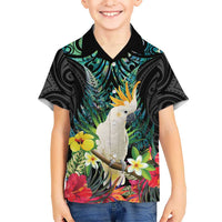 Sulphur-crested Cockatoo New Zealand Family Matching Off Shoulder Maxi Dress and Hawaiian Shirt Paua Shell Aotearoa Maori Tropical Flowers LT14 Son's Shirt Black - Polynesian Pride