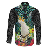 Sulphur-crested Cockatoo New Zealand Family Matching Off Shoulder Short Dress and Hawaiian Shirt Paua Shell Aotearoa Maori Tropical Flowers LT14 - Polynesian Pride