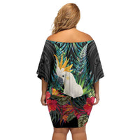 Sulphur-crested Cockatoo New Zealand Family Matching Off Shoulder Short Dress and Hawaiian Shirt Paua Shell Aotearoa Maori Tropical Flowers LT14 - Polynesian Pride