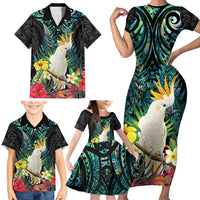 Sulphur-crested Cockatoo New Zealand Family Matching Short Sleeve Bodycon Dress and Hawaiian Shirt Paua Shell Aotearoa Maori Tropical Flowers - Polynesian Pride