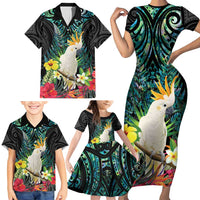 Sulphur-crested Cockatoo New Zealand Family Matching Short Sleeve Bodycon Dress and Hawaiian Shirt Paua Shell Aotearoa Maori Tropical Flowers LT14 - Polynesian Pride