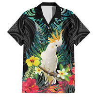 Sulphur-crested Cockatoo New Zealand Family Matching Tank Maxi Dress and Hawaiian Shirt Paua Shell Aotearoa Maori Tropical Flowers LT14 Dad's Shirt - Short Sleeve Black - Polynesian Pride