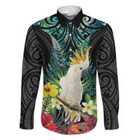 Sulphur-crested Cockatoo New Zealand Family Matching Tank Maxi Dress and Hawaiian Shirt Paua Shell Aotearoa Maori Tropical Flowers LT14 Dad's Shirt - Long Sleeve Black - Polynesian Pride