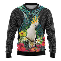 Sulphur-crested Cockatoo New Zealand Ugly Christmas Sweater Paua Shell Aotearoa Maori Tropical Flowers - Polynesian Pride