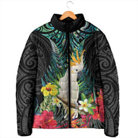 Sulphur-crested Cockatoo New Zealand Padded Jacket Paua Shell Aotearoa Maori Tropical Flowers - Polynesian Pride