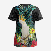 Sulphur-crested Cockatoo New Zealand Scrub Top Paua Shell Aotearoa Maori Tropical Flowers - Polynesian Pride