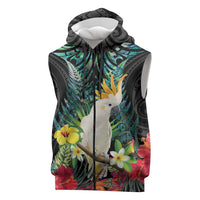 Sulphur-crested Cockatoo New Zealand Sleeveless Zip Hoodie Paua Shell Aotearoa Maori Tropical Flowers LT14 Black - Polynesian Pride