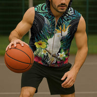 Sulphur-crested Cockatoo New Zealand Sleeveless Zip Hoodie Paua Shell Aotearoa Maori Tropical Flowers - Polynesian Pride