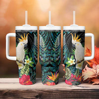 Sulphur-crested Cockatoo New Zealand Tumbler With Handle Paua Shell Aotearoa Maori Tropical Flowers - Polynesian Pride