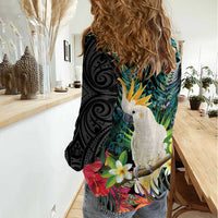 Sulphur-crested Cockatoo New Zealand Women Casual Shirt Paua Shell Aotearoa Maori Tropical Flowers - Polynesian Pride
