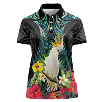 Sulphur-crested Cockatoo New Zealand Women Polo Shirt Paua Shell Aotearoa Maori Tropical Flowers LT14 Female Black - Polynesian Pride