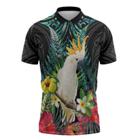 Sulphur-crested Cockatoo New Zealand Zipper Polo Shirt Paua Shell Aotearoa Maori Tropical Flowers LT14 Black - Polynesian Pride