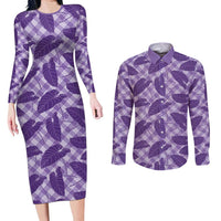 Purple Hawaii Kalo Palaka Motifs Couples Matching Long Sleeve Bodycon Dress and Long Sleeve Button Shirt Hawaiian Taro Leaves Elegant Vibes LT14 Purple - Polynesian Pride