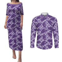 Purple Hawaii Kalo Palaka Motifs Couples Matching Puletasi and Long Sleeve Button Shirt Hawaiian Taro Leaves Elegant Vibes LT14 Purple - Polynesian Pride