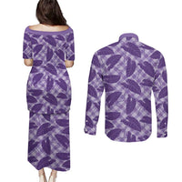 Purple Hawaii Kalo Palaka Motifs Couples Matching Puletasi and Long Sleeve Button Shirt Hawaiian Taro Leaves Elegant Vibes LT14 - Polynesian Pride