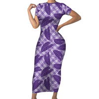 Purple Hawaii Kalo Palaka Motifs Short Sleeve Bodycon Dress Hawaiian Taro Leaves Elegant Vibes LT14 Long Dress Purple - Polynesian Pride