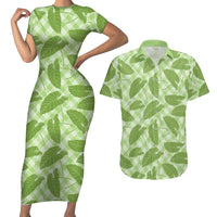 Green Hawaii Kalo Palaka Motifs Couples Matching Short Sleeve Bodycon Dress and Hawaiian Shirt Hawaiian Taro Leaves Elegant Vibes LT14 Green - Polynesian Pride