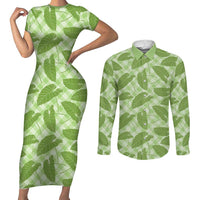 Green Hawaii Kalo Palaka Motifs Couples Matching Short Sleeve Bodycon Dress and Long Sleeve Button Shirt Hawaiian Taro Leaves Elegant Vibes LT14 Green - Polynesian Pride