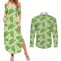 Green Hawaii Kalo Palaka Motifs Couples Matching Summer Maxi Dress and Long Sleeve Button Shirt Hawaiian Taro Leaves Elegant Vibes LT14 Green - Polynesian Pride