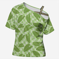 Green Hawaii Kalo Palaka Motifs Cross Shoulder Shirt Hawaiian Taro Leaves Elegant Vibes - Polynesian Pride