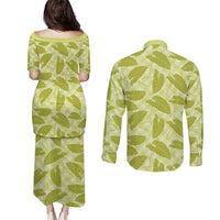 Lime Green Hawaii Kalo Palaka Motifs Couples Matching Puletasi and Long Sleeve Button Shirt Hawaiian Taro Leaves Elegant Vibes LT14 - Polynesian Pride