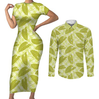 Lime Green Hawaii Kalo Palaka Motifs Couples Matching Short Sleeve Bodycon Dress and Long Sleeve Button Shirt Hawaiian Taro Leaves Elegant Vibes LT14 Lime Green - Polynesian Pride
