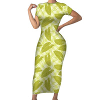 Lime Green Hawaii Kalo Palaka Motifs Family Matching Short Sleeve Bodycon Dress and Hawaiian Shirt Hawaiian Taro Leaves Elegant Vibes LT14 Mom's Dress Lime Green - Polynesian Pride