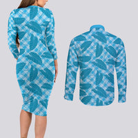 Blue Hawaii Kalo Palaka Motifs Couples Matching Long Sleeve Bodycon Dress and Long Sleeve Button Shirt Hawaiian Taro Leaves Elegant Vibes LT14 - Polynesian Pride