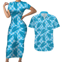 Blue Hawaii Kalo Palaka Motifs Couples Matching Short Sleeve Bodycon Dress and Hawaiian Shirt Hawaiian Taro Leaves Elegant Vibes LT14 Blue - Polynesian Pride