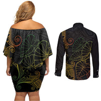 Aloha Hawaii Kalo Couples Matching Off Shoulder Short Dress and Long Sleeve Button Shirt Reggae Taro Polynesian Pattern LT14 - Polynesian Pride